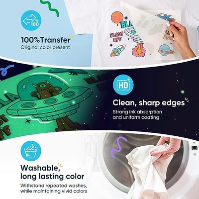 Film de transfert de chaleur noctilucide lumineux lumineux vert Lumière dans l'obscurité Film en PET DTF pour T-shirts Impression spéciale de logo